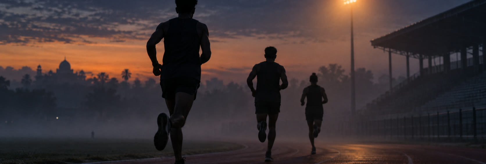 Floodlit stadium track at dawn