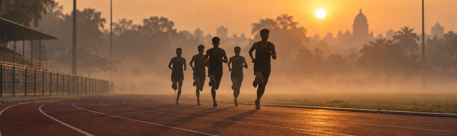 SAPTASHVA athletes training at dawn on a misted stadium track