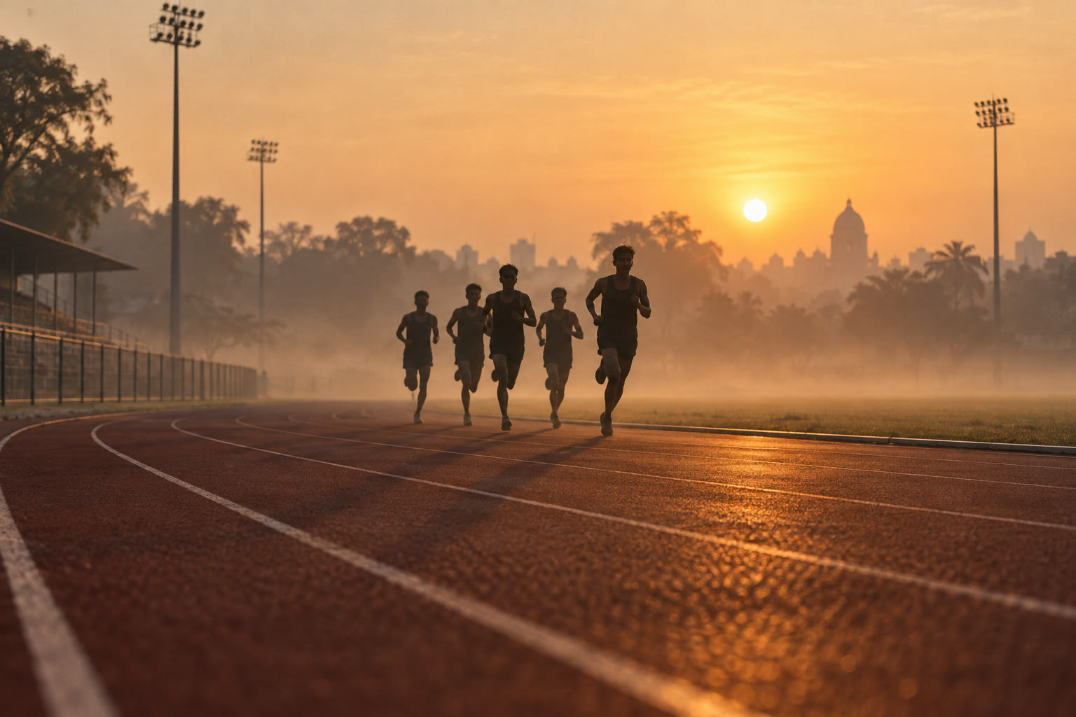 Athletes training at dawn on a Pune track